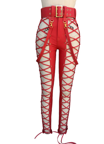 RED LACE-UP JEANS